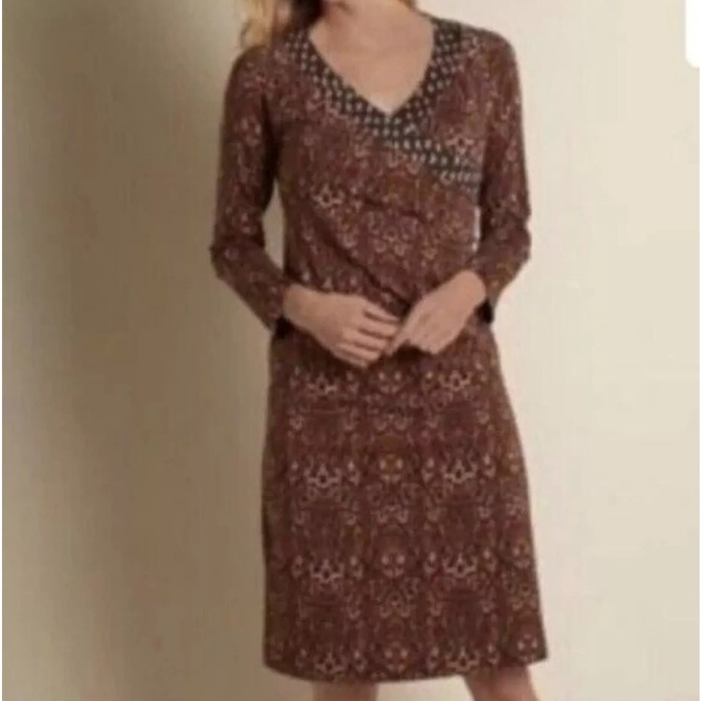 SOFT SURROUNDINGS LONG SLEEVE ANIMAL PRINT FAUX WRAP RUCHED DRESS SIZE M